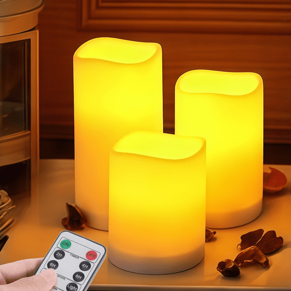 Goyuon Flameless LED Pillar Candles Realistic 3D Flickering Flame Battery Operated With Remote Timer 3 Pack