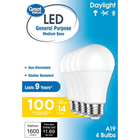 Great Value A19 LED 14W (100W Equivalent) Daylight General Purpose E26 Medium Base Light Bulbs, 4 Pack