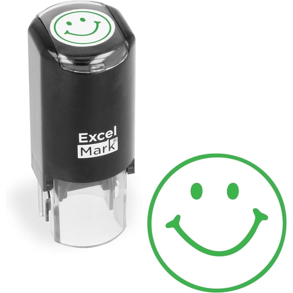 ExcelMark Round Teacher Stamp - Smiley FACE 1 - Green Ink