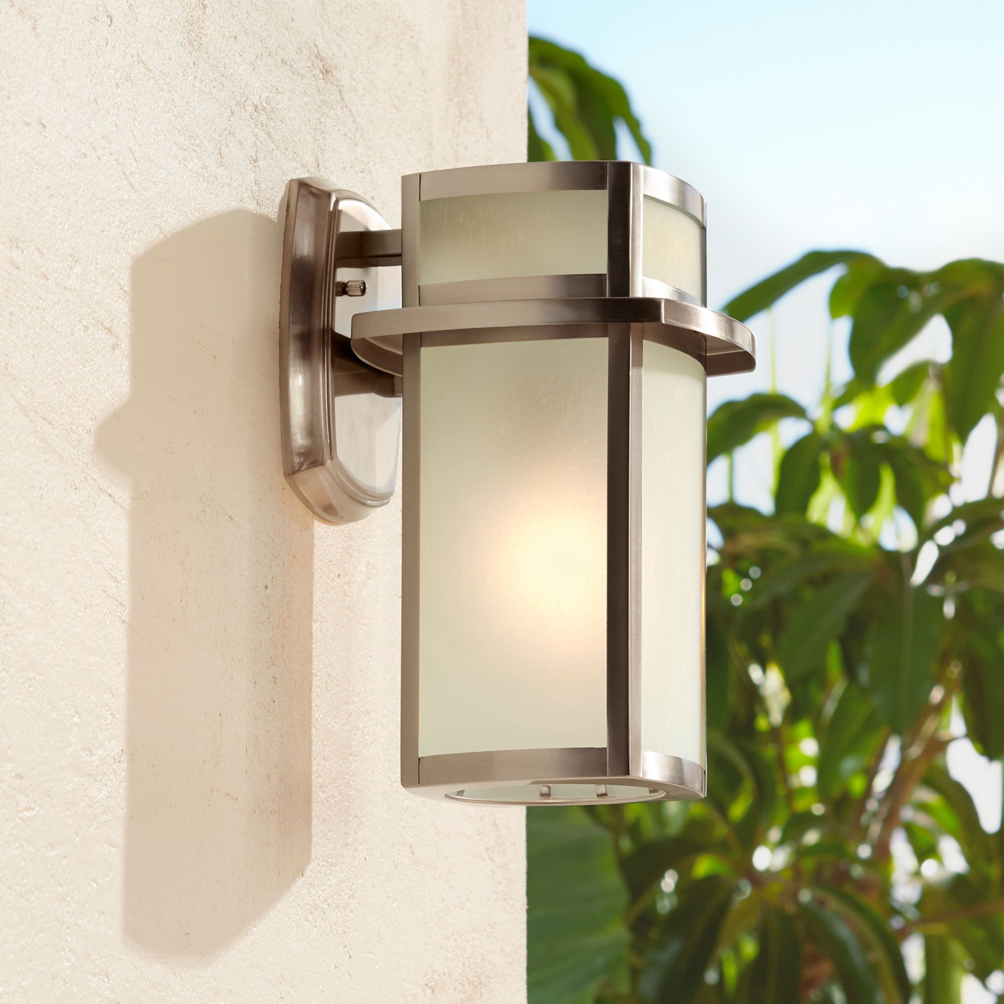 Possini Euro Design Delevan Modern Outdoor Wall Lights Fixture Set of 2 Brushed Nickel 11 1/4" Frosted Seedy Glass for Post Exterior Barn Deck House