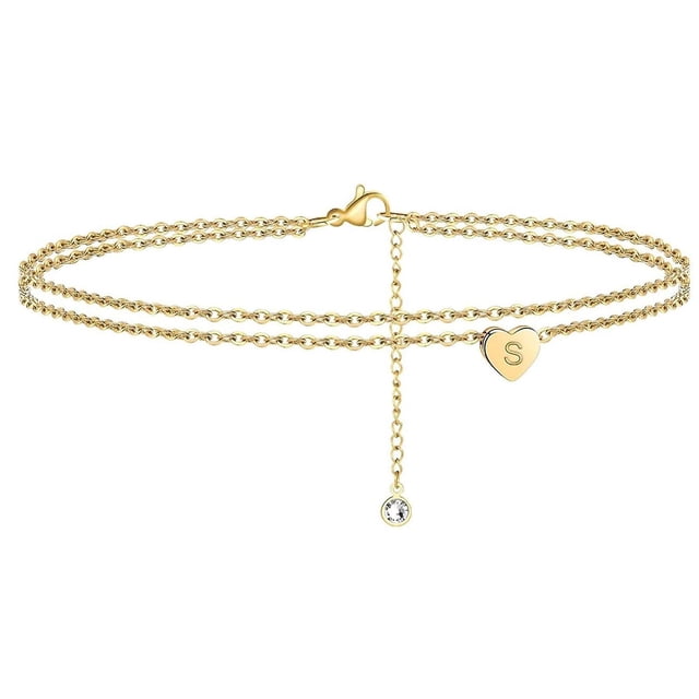 Pulseras de tobillo HUOGUO con iniciales en forma de corazón chapadas en oro de 14 quilates para muj