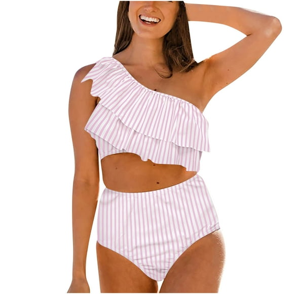 Babysbule Womens Swimsuits Clearance Women Sexy Bow One-shoulder Split Swimsuit Bikini Print Beachwear Set