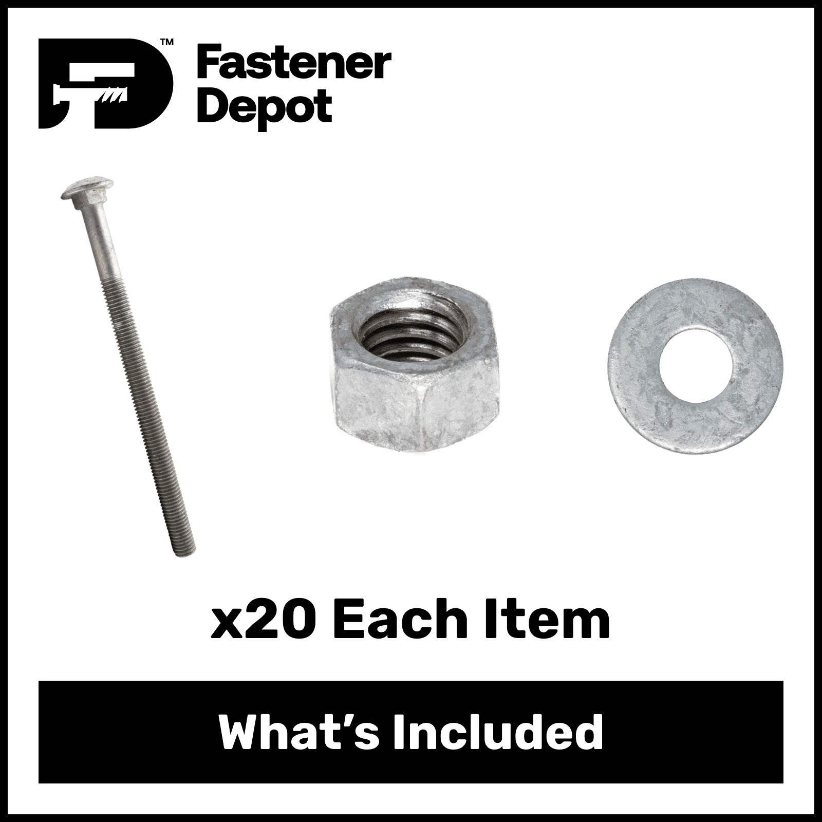 1/2"-13 x 14" Hot Dipped Galvanized Carriage Bolt w/Nuts & Flat Washers, Quantity 20 - by Fastener Depot, LLC
