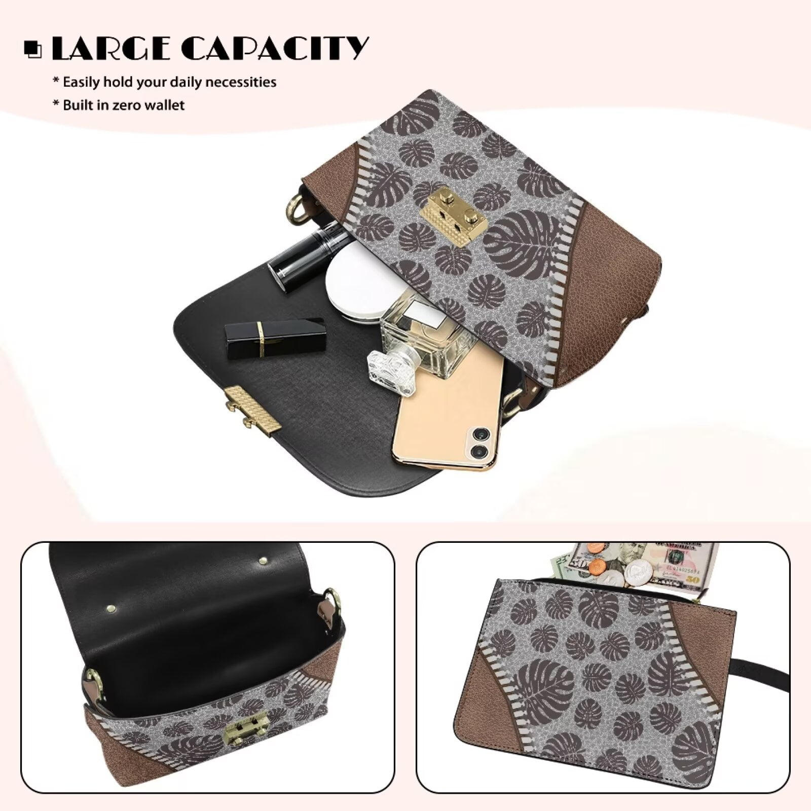 KUIFORTI Brown Leaf Crossbody Bags for Women Fashion Small Shoulder Bag Ladies Handbag Functional Casual Purse Shoulder Bags with Chain Strap for Camping Parties