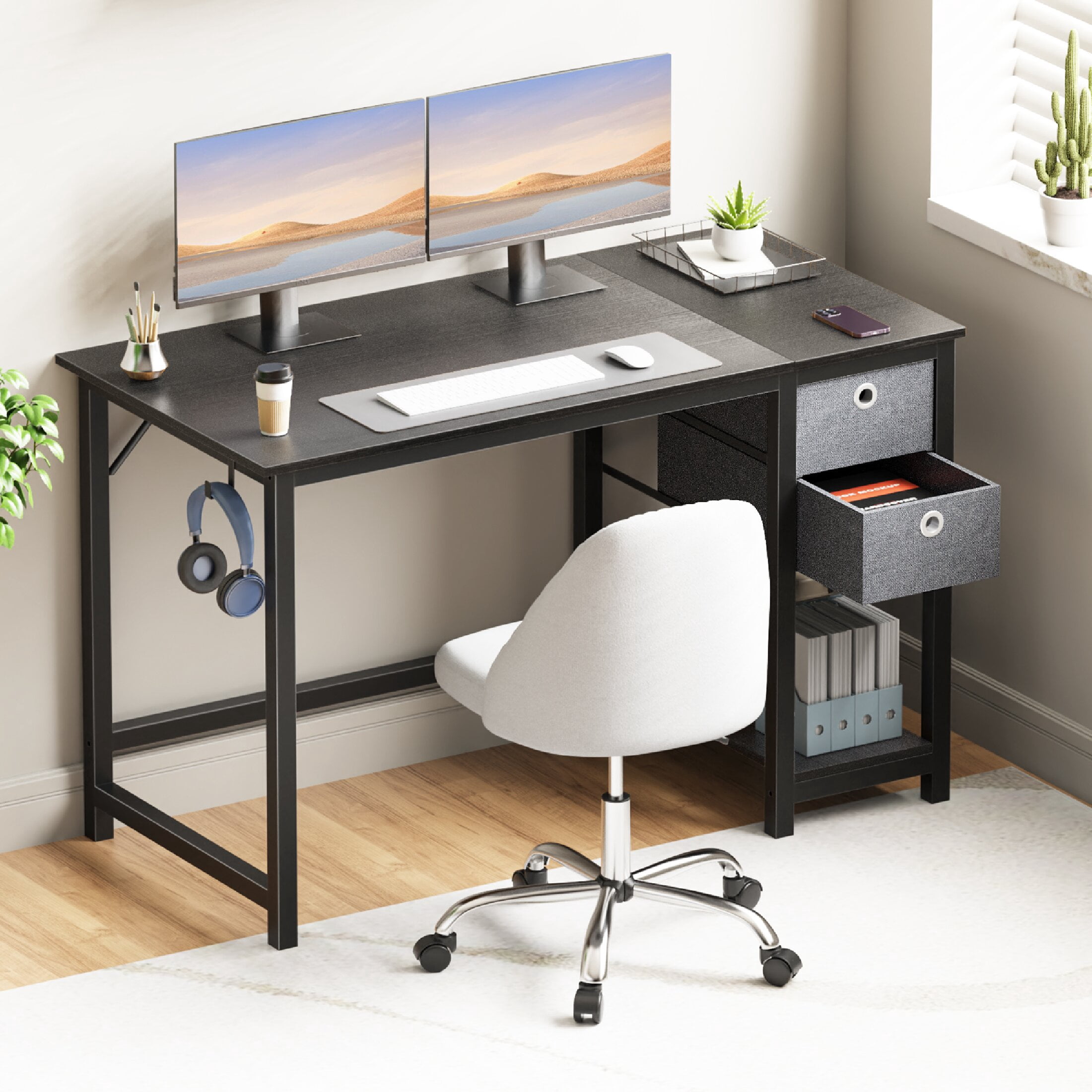 CONCETTA Computer Desk with Storage Drawers, For Office Home Bedroom, With 2-Tier Drawer, 40 Inch - Black
