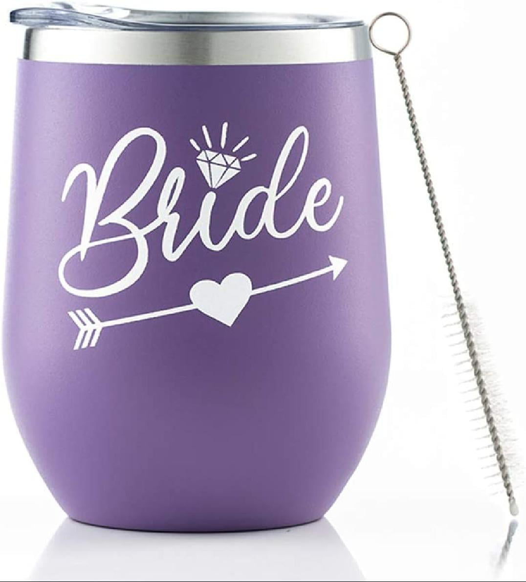 Bride Bride To Be White and Silver - Bride Gift 12 oz Stainless Steel Wine Tumbler with Lid Engagement Wedding Gift 