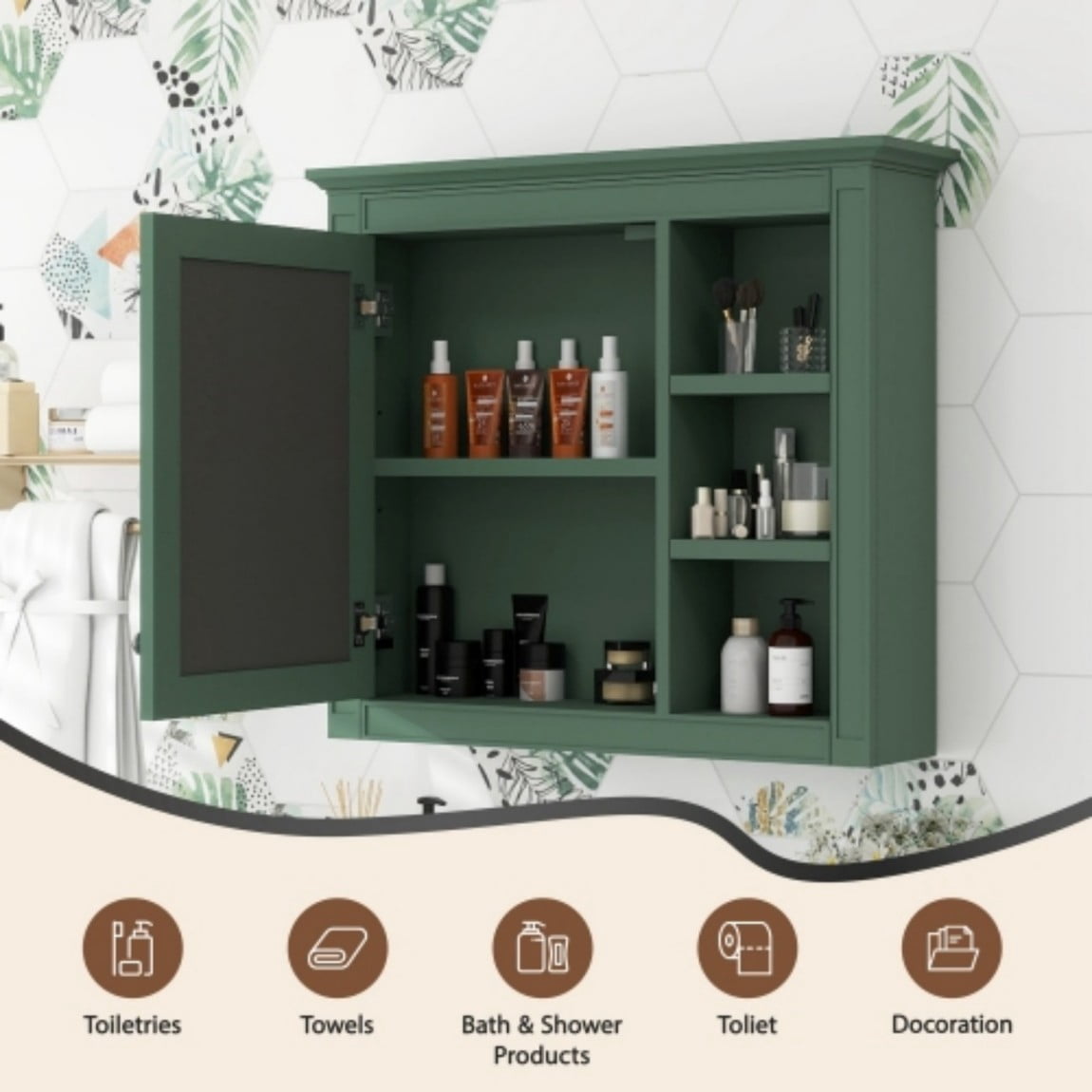 30"x 28" Wall Mounted Bathroom Medicine Cabinet with Mirror, Bathroom Storage Cabinet with Adjustable Shelf & 3 Open Shelves, Modern MDF Mirror Cabinet, Green