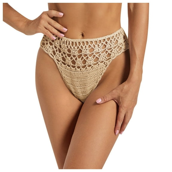 HOWPAY Bikini Bottoms Women High Waisted Crochet Hollow Out V Cut Basic Swim Briefs Full Coverage Solid Color Beach Pool Bathing Suit Bottoms Beige L
