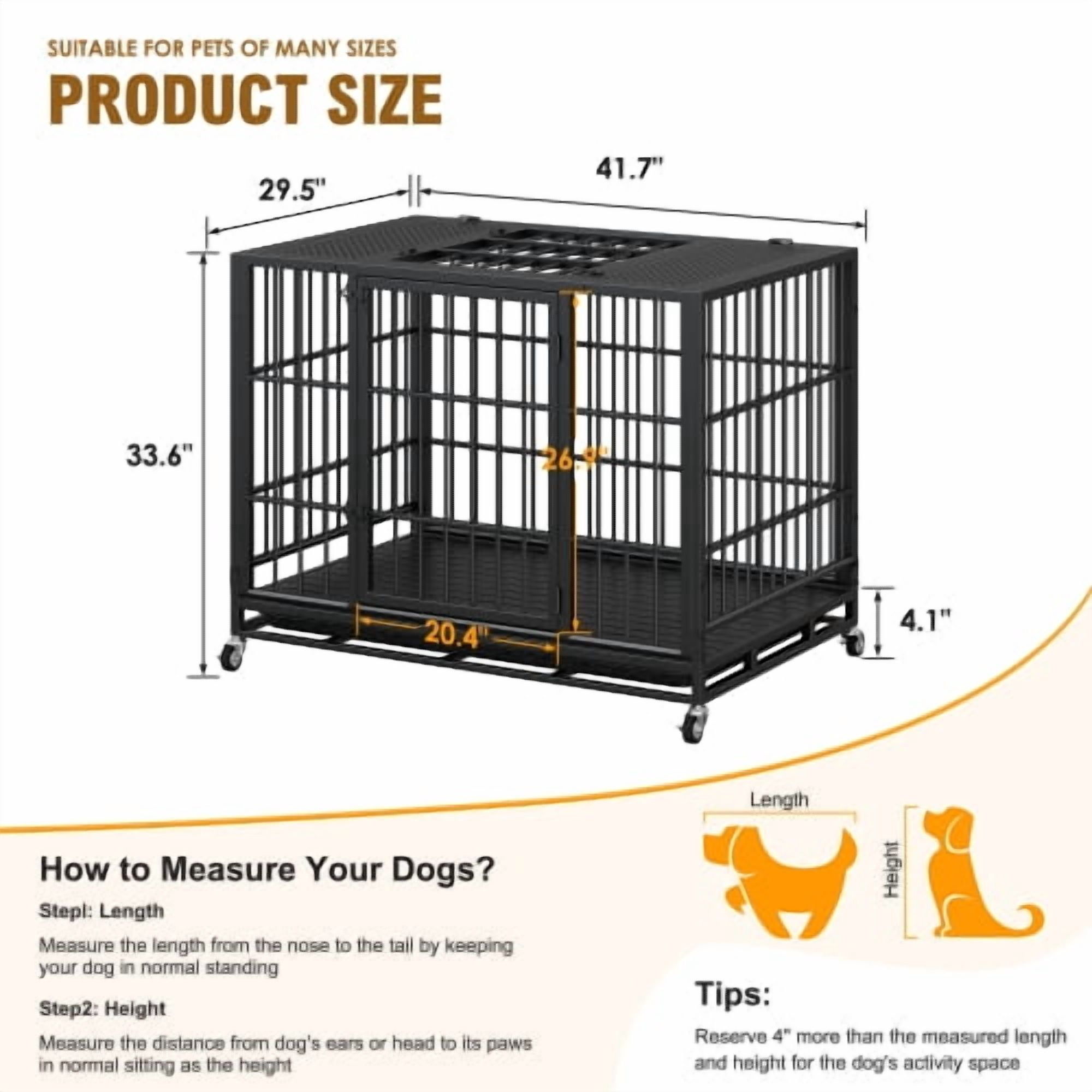 41.7" Heavy Duty Mobile Dog Crate with Lockable Wheels & Rotary Twist-Latch, Indoor/Outdoor Metal Pet Kennel with Perforated Top