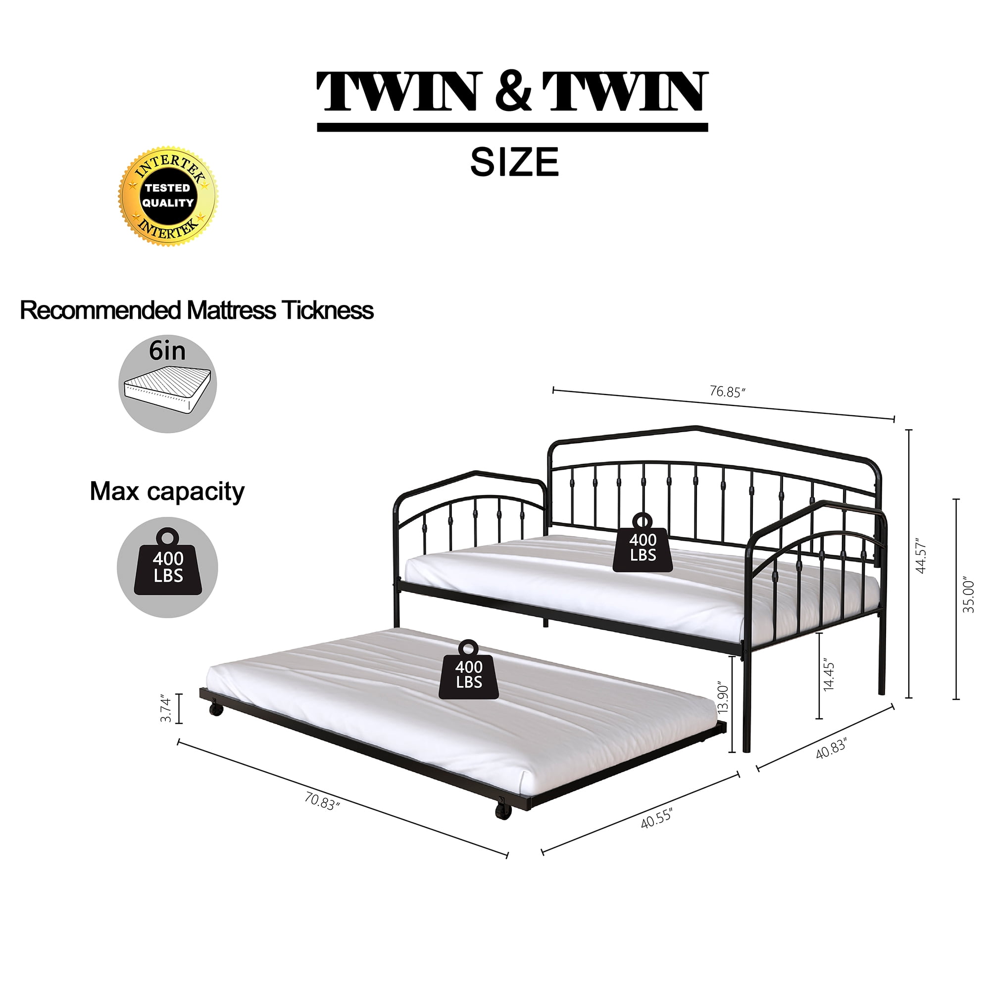 Miniyam Metal Twin Daybed with Pull Out Twin Trundle,Trundle Bed for Living Room Guest Room,Black(Mattress not included)