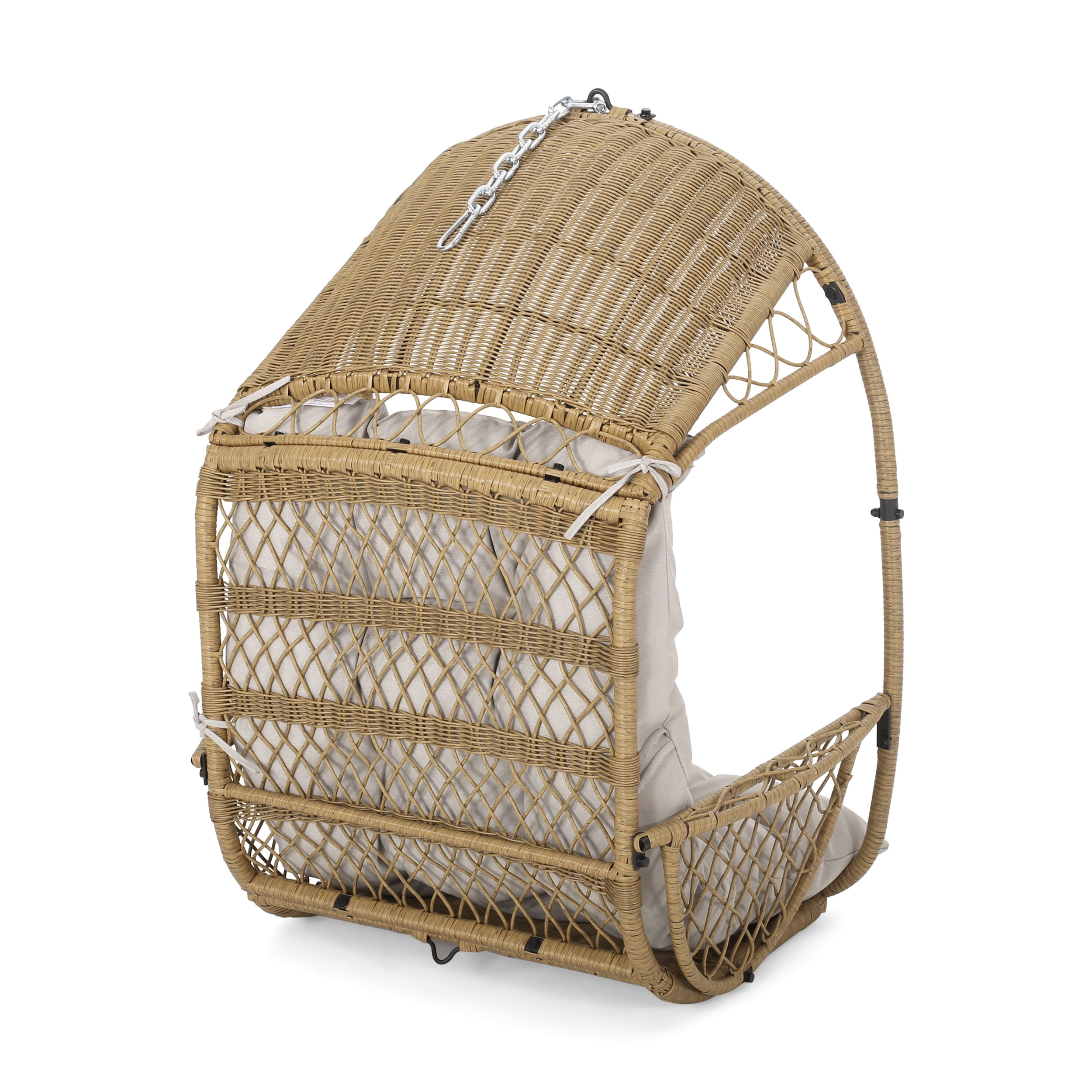 Outdoor Cushioned Hanging Leisure Chair, Wicker Weave Suspended Single Seat for Patio Garden, Light Brown and Beige