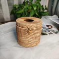 thumbnail image 1 of 1 Round Rattan Tissue Box Cover, Hand Woven Wicker Tissue Holder, Retro Tissue Box Storage for Office, Living Room, Dining Room, Bedroom, 5.9 x 5.9 x, 1 of 2