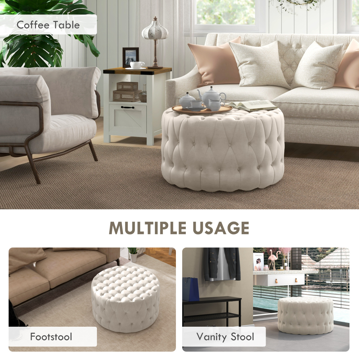 Miekor Furniture 31.5" Round Ottoman, Large Velvet-Feel Upholstered Foot Stool with Button Tufted Design and Padded Seat for Living Room, Entryway, Beige 9103
