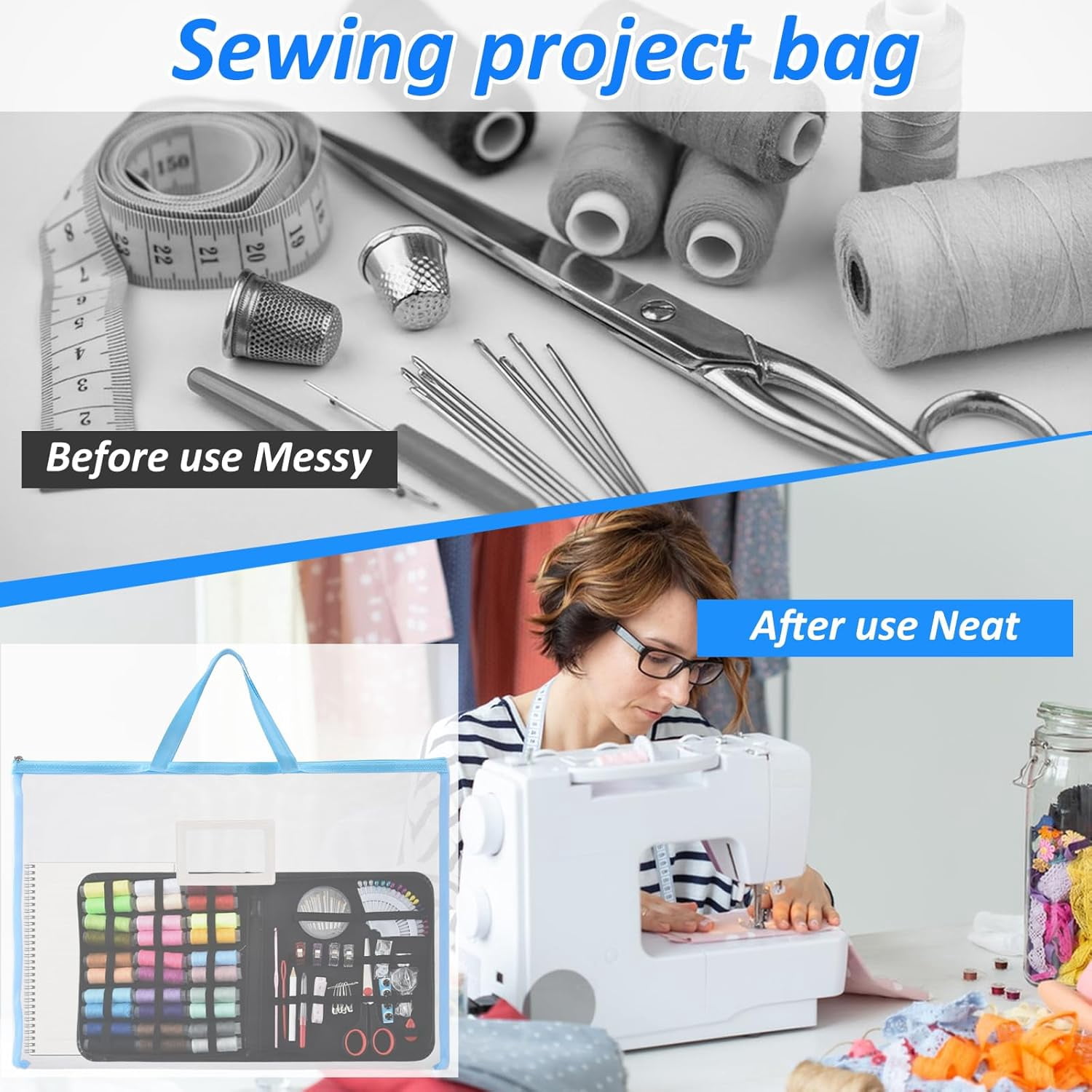 8 Pcs Sew Project Bags 18 x 13 Inch Quilting Craft Organizer Storage Bags with Handle and Pocket Large Sew Quilting Mesh for Quilters Knitting Stitching Crafter