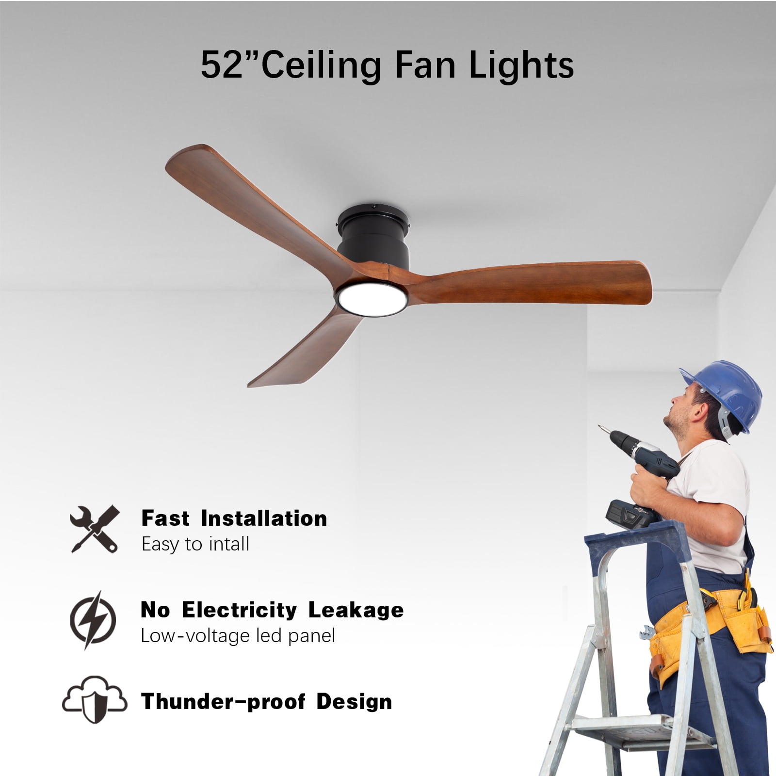 Wozzio 52 Inch Natural Brown Log Recessed Mount Ceiling Fan Light, 22 Watt Tri-Colour Dimmable with Remote Control And Silent Reversible Motor