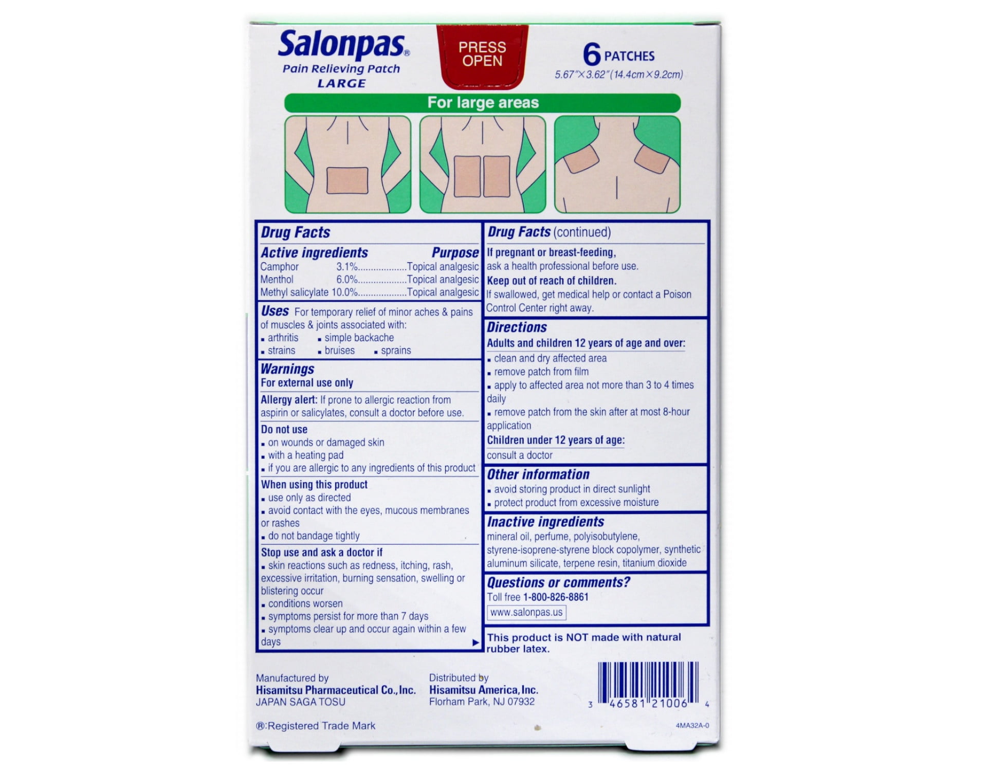 Salonpas Large Pain Relief Patch, 6 Count, Pack of 4