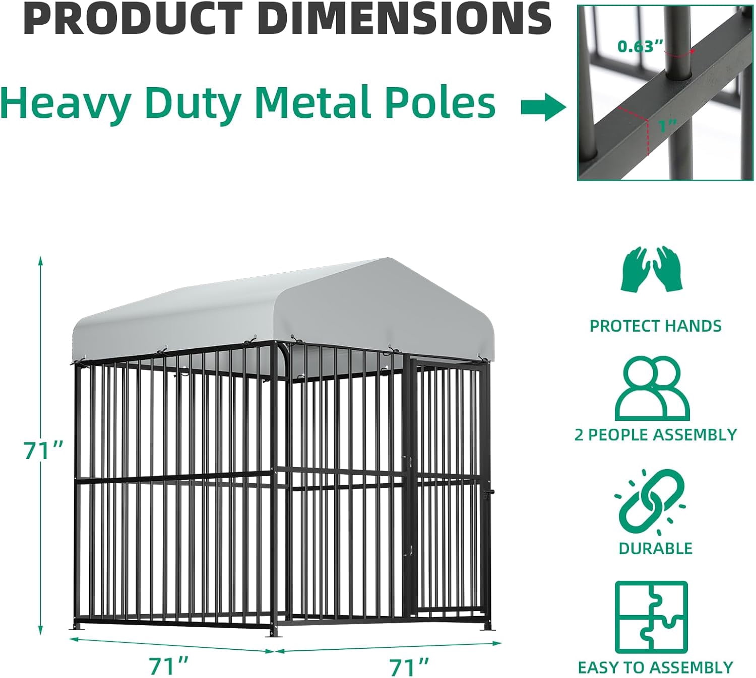 VIVIJASON 6 x 6 x 6 Ft Large Outdoor Dog Kennel, Heavy Duty Metal Frame Dog Cage with Thickened Bars, UV & Waterproof Cover, Outside Pen Playpen Dog Run House for Large to Small Dogs