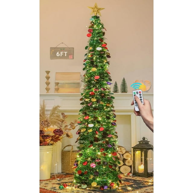 HMASYO 6 FT Pop Up Christmas Tree with 100 LED Lights & Remote, Green Christmas Tinsel Tree, Collapsible Artificial Pencil Tree for Home Office Party Decor, USB Powered Timer Lights, Easy Assembly