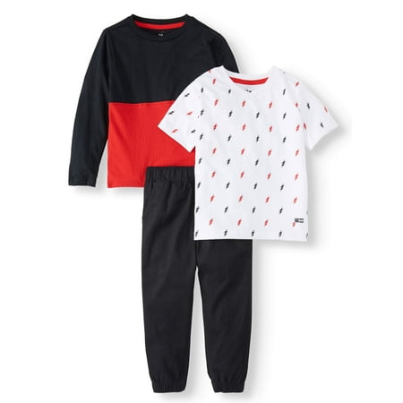 Beverly Hills Polo Club Long Sleeve Colorblock T-shirt, Short Sleeve Allover Print T-shirt & Twill Jogger, 3pc Outfit Set (Toddler