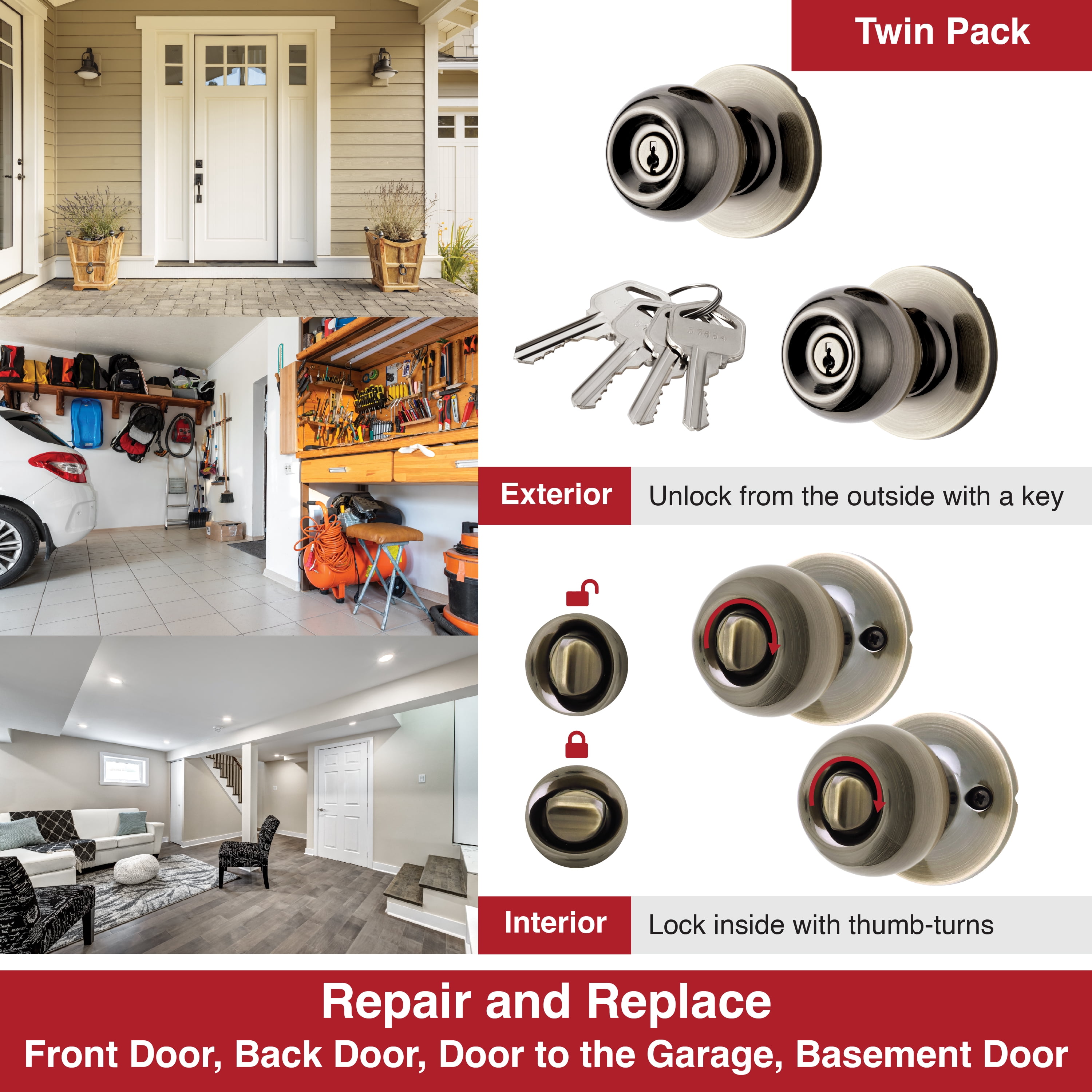 (2 pack) Hyper Tough Two Keyed Entry Ball Locking Doorknobs Antique Brass Finish Twin Pack