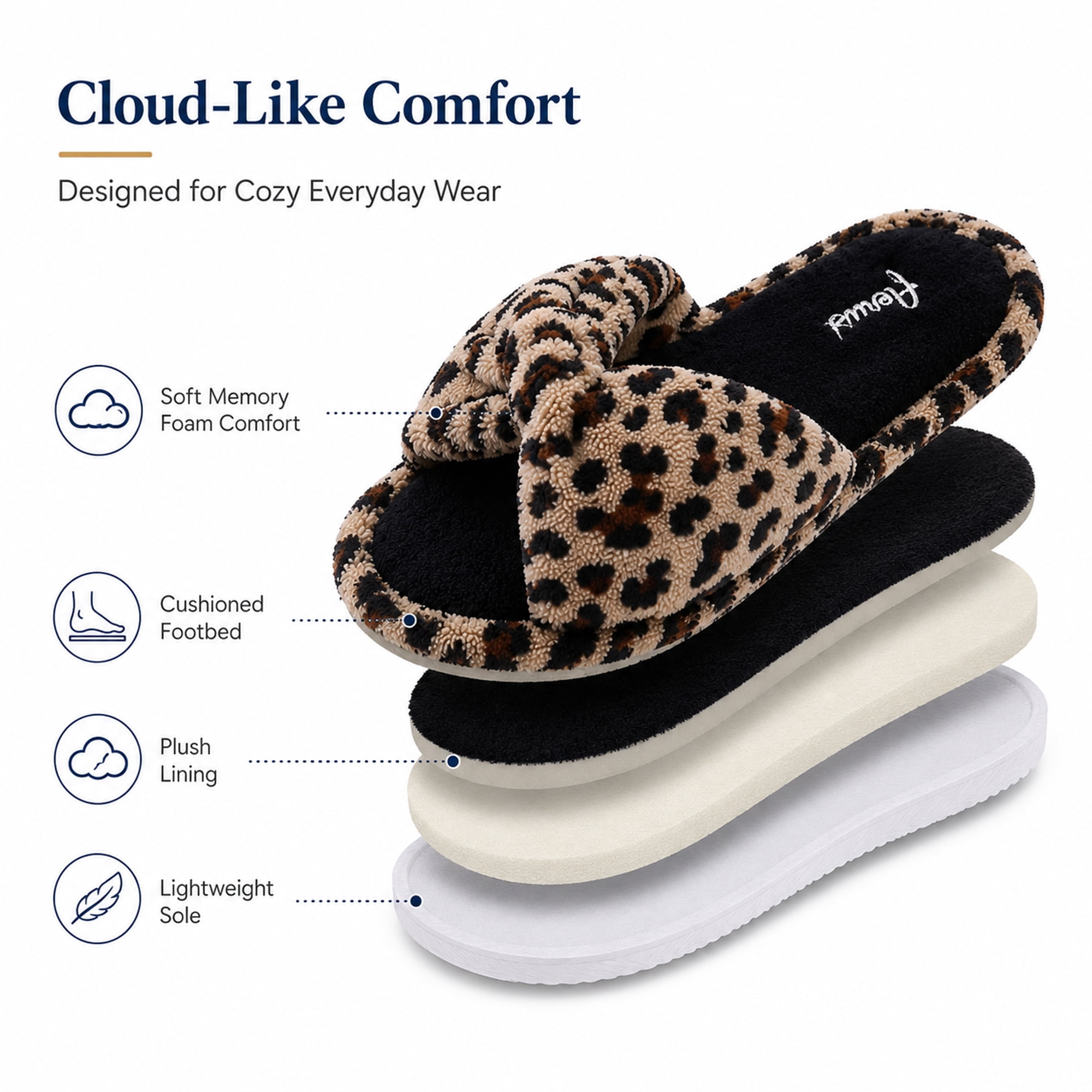 Leopard Style Memory Foam Woven Non-Slip Indoor Cozy Pom Knit Spa Women Slippers