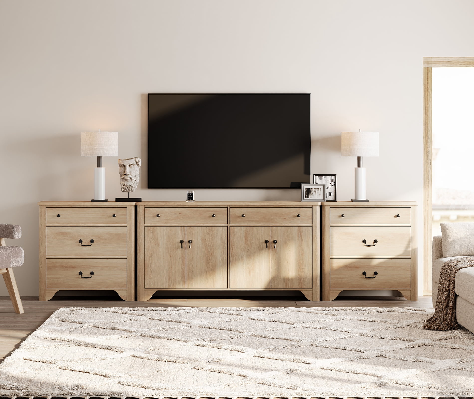 WAMPAT 59" Farmhouse Sideboard Buffet Cabinet with 3-Drawer Dresser Set of 2,Wood Coffee Bar Cabinet with Storage for Bedroom,Kitchen,Entryway,Hallway,and Living Room,Oak