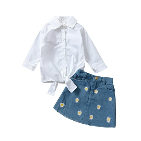 

Canrulo Kids Baby Girls Clothes Solid Long Sleeve Shirt Daisy Denim Short Skirt Sets White 12-18 Months