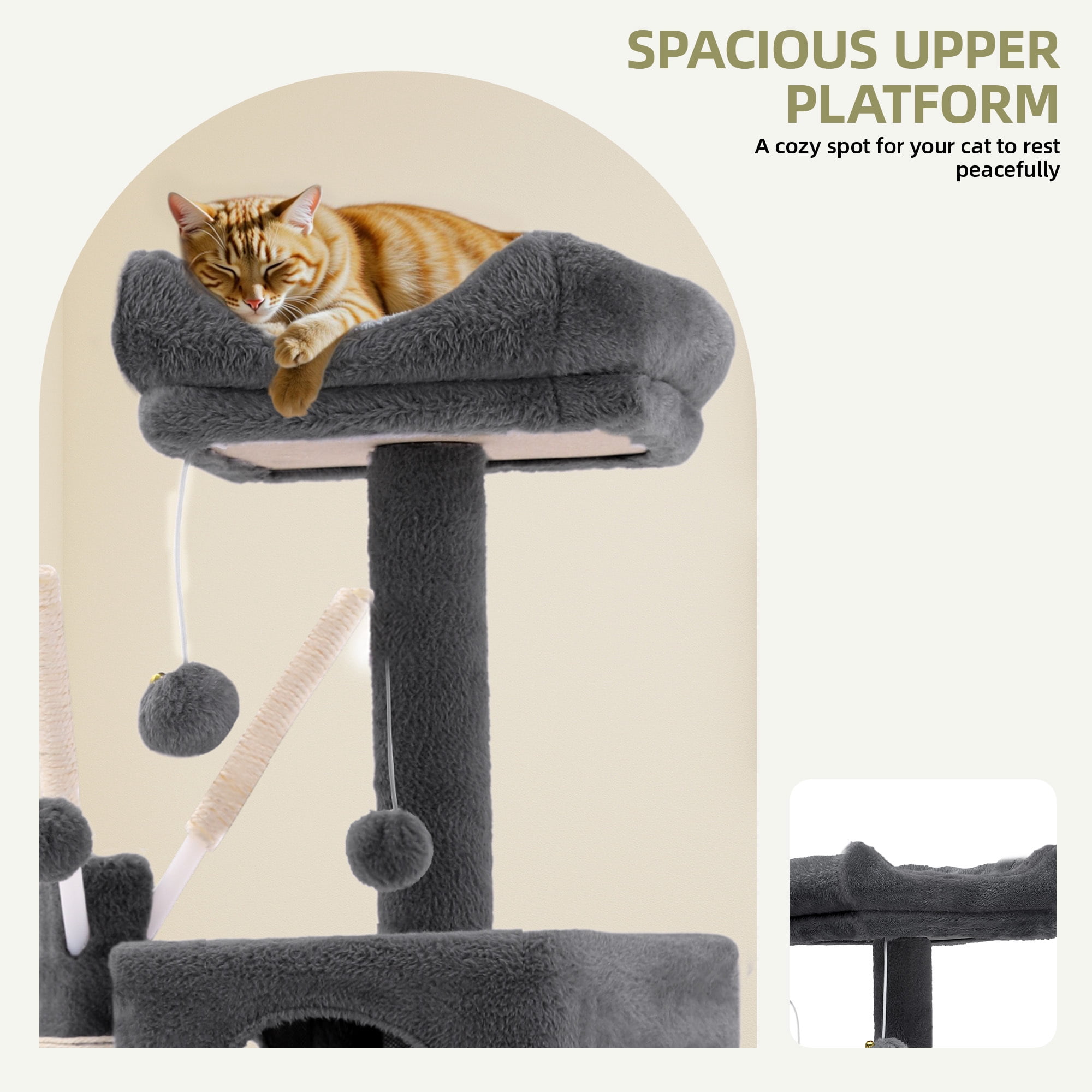 Uforic 44" Cat Tree Tower, with Scratch Posts, Condo, Hammock, Toys, Dark Gray