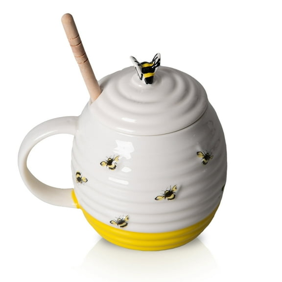 Prefdo Ceramic Honey Pot Jar with Wood Drizzler, British Designed Honey Jar With Honey Dipper, Perfect for Honey and Maple Syrup, 350ml