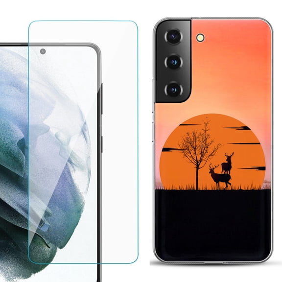 Slim-Fit TPU Fashion Phone Case for Samsung Galaxy S22 5G, with Tempered Glass Screen Protector, by OneToughShield ® - Sunset Deer