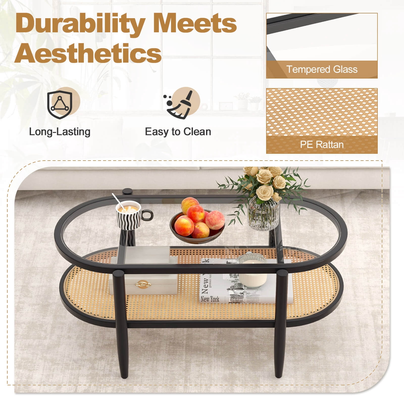 Costway 2-Tier Coffee Table Tempered Glass Top with PE Rattan Shelf & Acacia Wood Frame Black