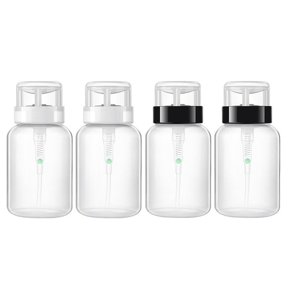 4 botellas vacías de 200 ml para quitaesmalte de uñas, dispensadoras con bomba de presión y cierre (cuello negro y cuello blanco para cada 2 unidades)