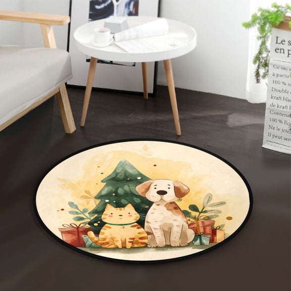 36.2 Inch Round Floor Mat Cat and Dog with Christmas Tree Carpet Decor Rug for Living Room Bedroom