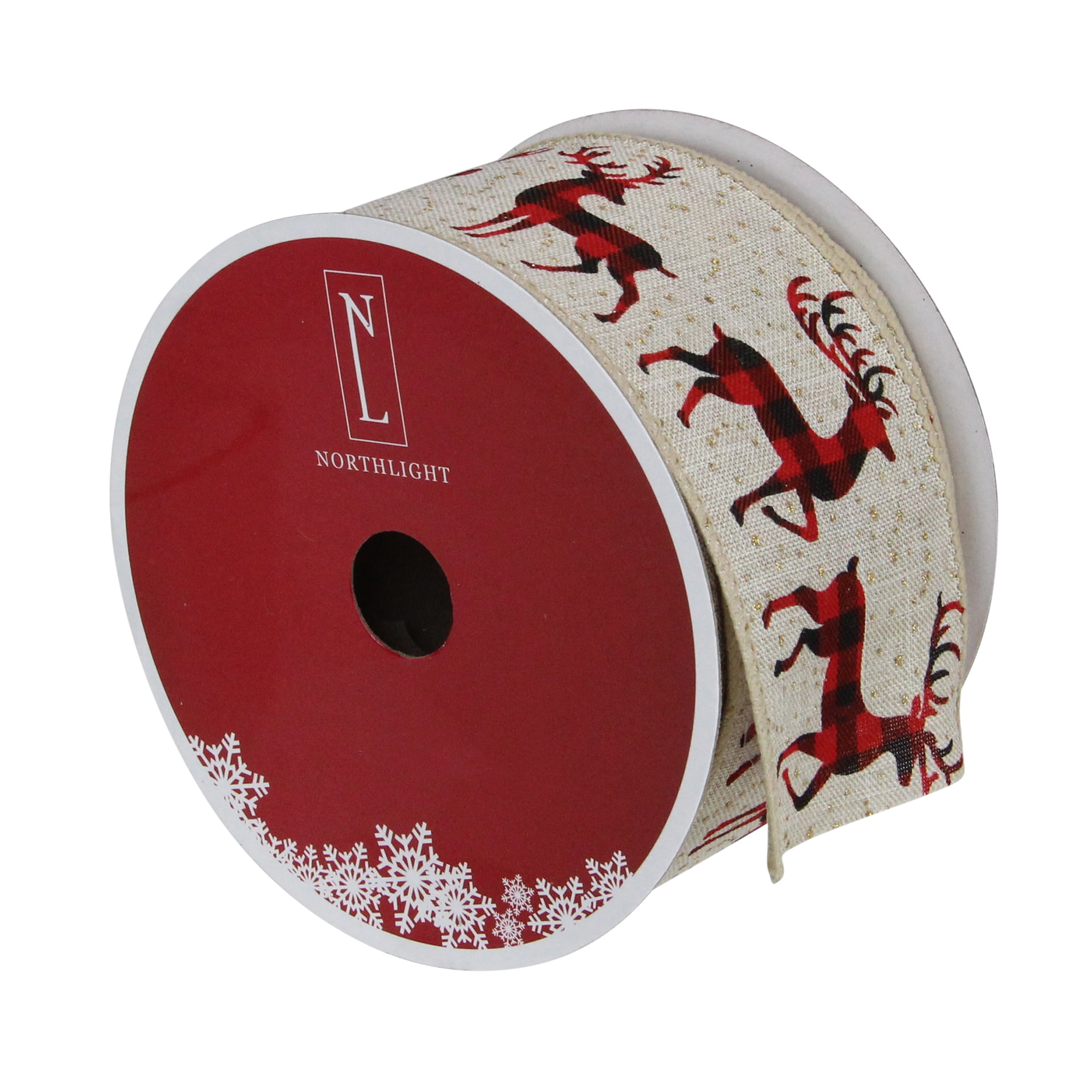 Buffalo Plaid Deer and Sparkle Burlap Style Wired Craft Ribbon 2.5" x 16 Yards