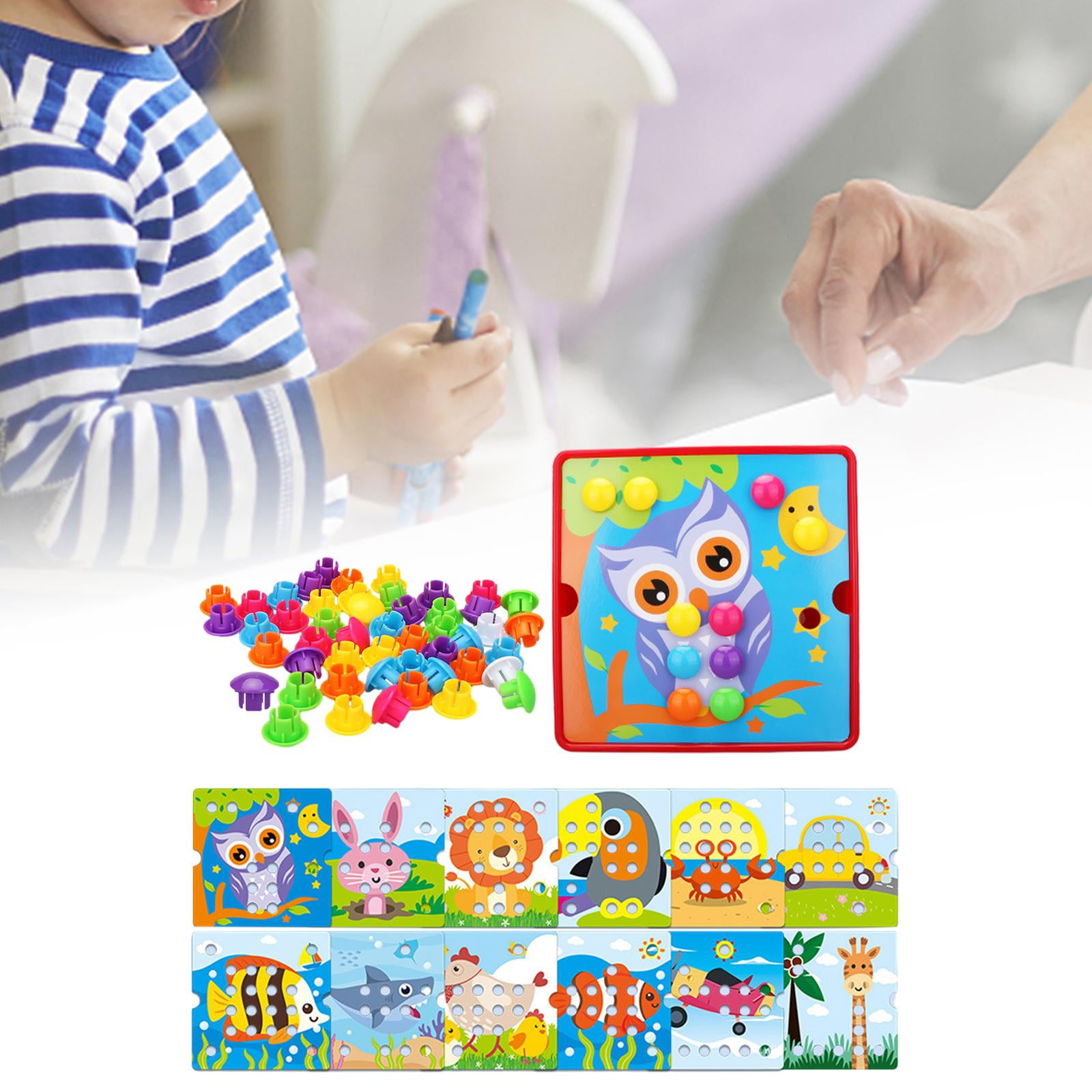 yotijay Assorted Color Mosaic Pegboard Educational Toys, 46 Buttons and 12 Pictures with E