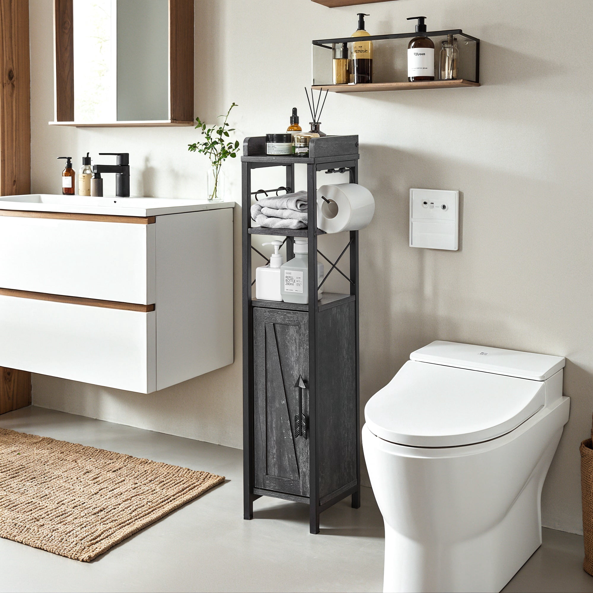 VECELO Bathroom Storage Cabinet with Toilet Paper Holder, 3-Tier Open Shelves Bathroom Organizer with for Small Spaces, Charcoal Grey