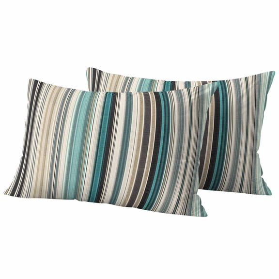 Lumbar Pillow Covers 12 x 20 Inches, Teal Blue Striped Waterproof Throw Pillow Cover Set of 2, Farmhouse Stripes Modern Abstract Art Decorative Rectangle Cushion Covers for Patio/Tent/Couch/Garden