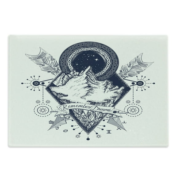 Adventure Cutting Board, Mountains in Boho Tattoo Style with Crossed Arrows and Astrological, Decorative Tempered Glass Cutting and Serving Board, Large Size, Dark Blue White, by Ambesonne