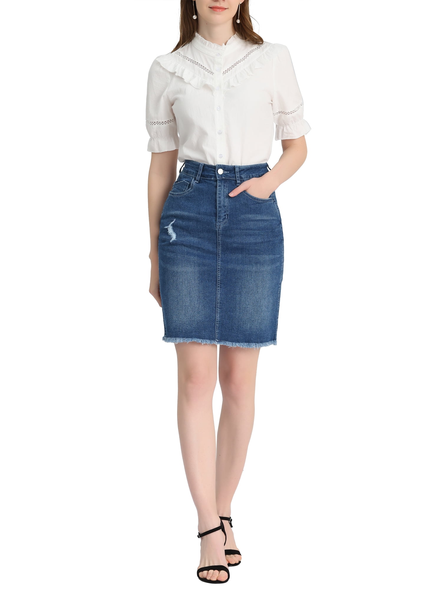 DARING DIVA Women's Ripped Hem Washed Jeans Denim Skirt M Vintage Blue
