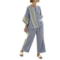 thumbnail image 2 of Pounoo Women's Two Piece Set Striped Print Linen Blend Tops and Trousers Coastal Summer Casual Oversized Comfort Outfits Gift, 2 of 5
