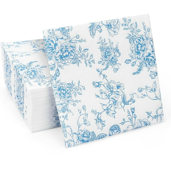 100 Pack Blue Floral Cocktail Napkins, Guest Hand Towels Disposable for Bathroom, Blue Floral Paper Napkins for Bridal and Baby Shower, Tea Party, Garden Party, Birthday Party
