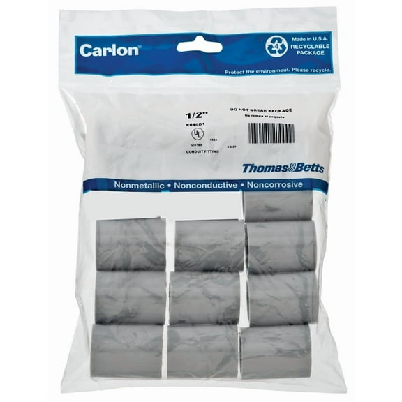 Carlon E940D10-UPC Conduit Coupling, 1/2 in Socket, 0.728 in ID x 1.109375 in OD Dia, 1-1/2 in L, PVC, Gray