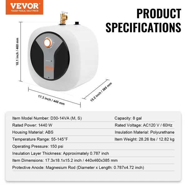 Electric Mini Tank Water Heater 8 Gallon 1440W Hot Water Boiler Storage Safety Temperature Pressure Valve Easy Install for Kitchen Bathroom Restaurant Shelf Wall Floor Mounted