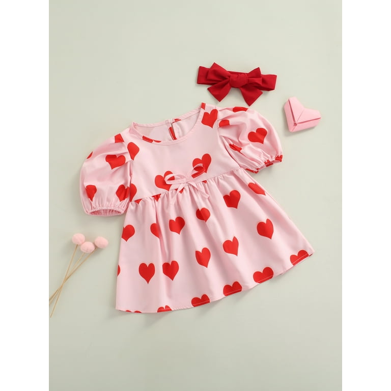 Suealasg Kids Girls Valentines Day Dress Little Girls Summer Party Princess Dress 6M 1T 2T 3T 4T 5T Children Girls Short Sleeve Heart Print Princess