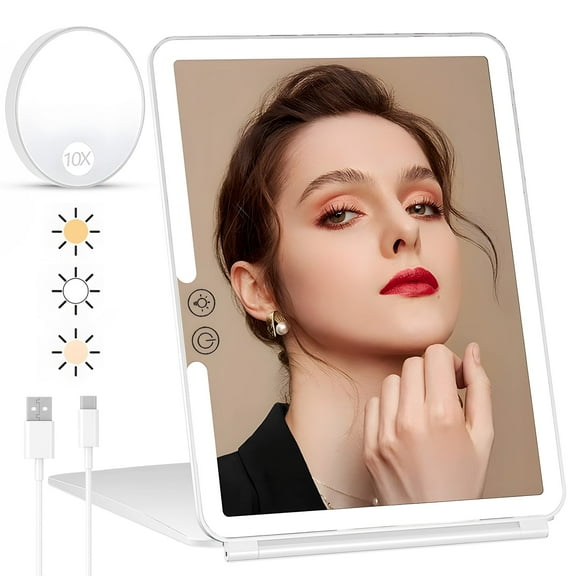 Ouwald Makeup Mirror, 1500mA Rechargeable Vanity Mirror with Lights 92 Led, Portable 10'' Travel Lighted Makeup Mirror with 10X Magnification Mirror, White