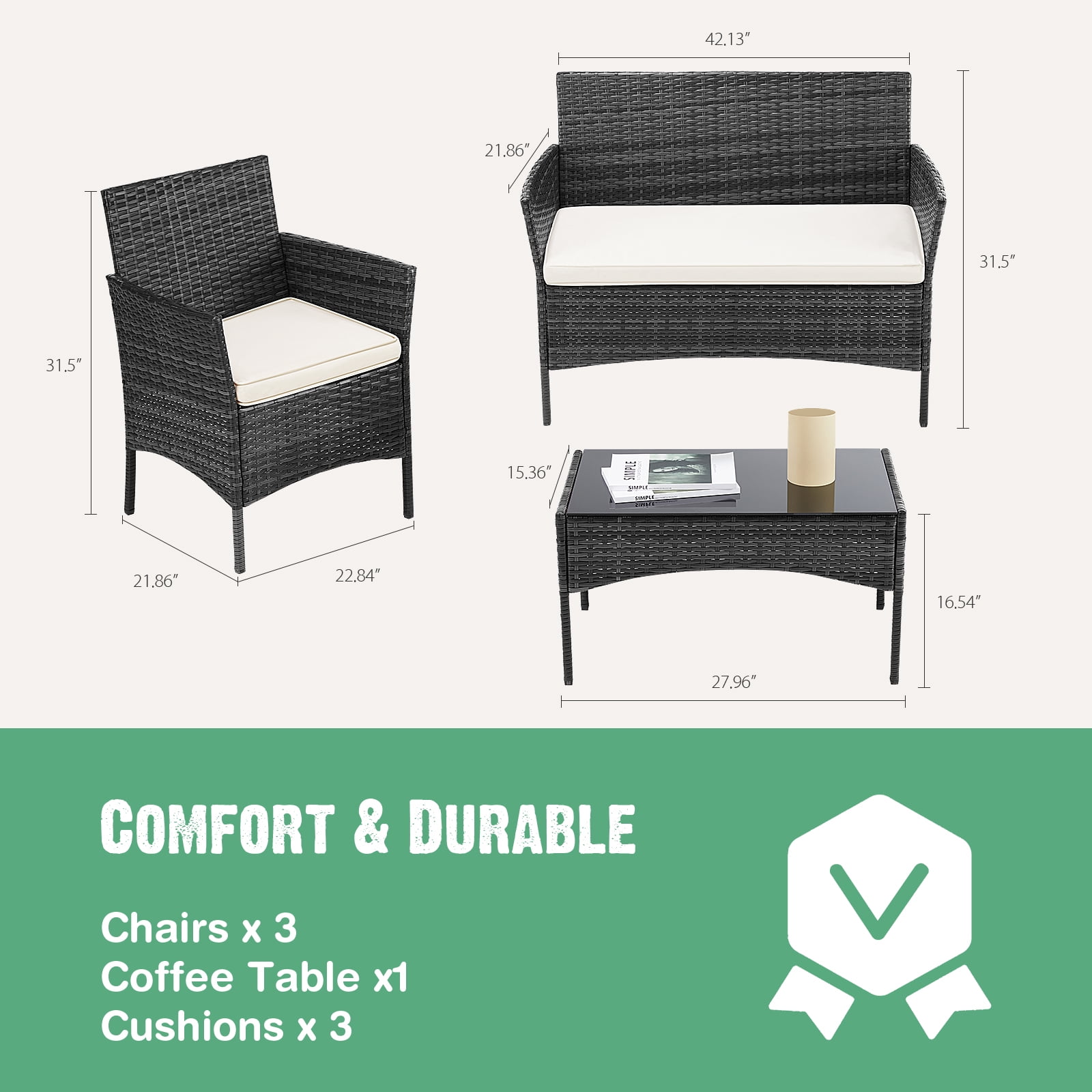 GIANNA Outdoor Wicker Furniture Set 4 Pieces, Patio Furniture, With Soft Cushion and Glass Table, For Garden, Balconies, Lawns, Black