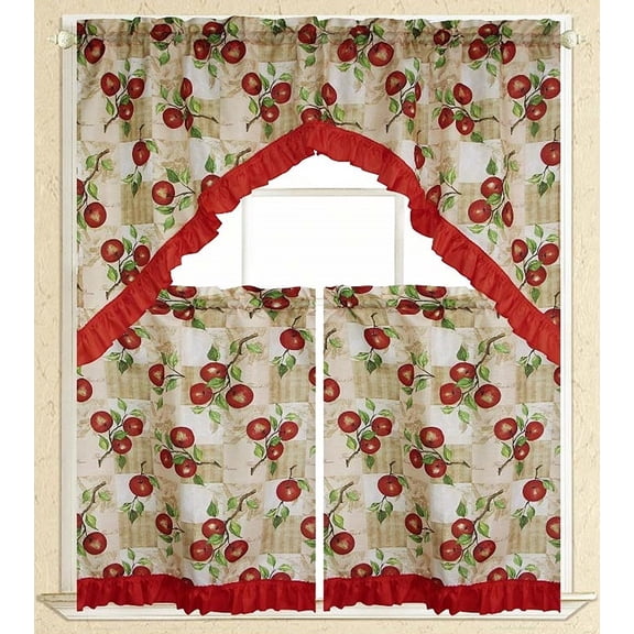 Elegance Linen® Embroidered 3-Piece Kitchen Curtain Window Treatment Set - 2-Tiers : 30" x 36" and 1 Swag: 60" x 36" - Apple Vine Design