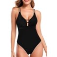 thumbnail image 1 of Traje de baño de una Pieza con Cuello en V Profundo para Mujer con Nudo de Corbata y Espalda Cruzada Negro Puro M Negro Puro M Xishao ropa, 1 of 2