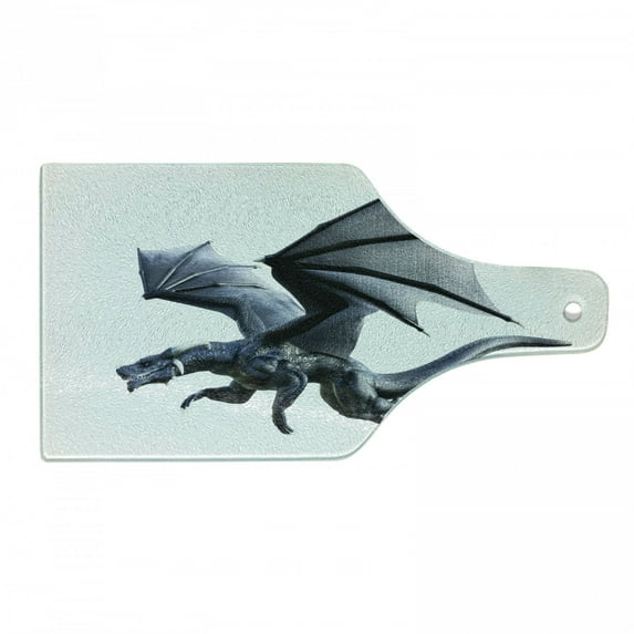 Dragon Cutting Board, Creature Flying Digital Effects Featured Wings Illustration, Decorative Tempered Glass Cutting and Serving Board, Wine Bottle Shape, Charcoal Grey, by Ambesonne