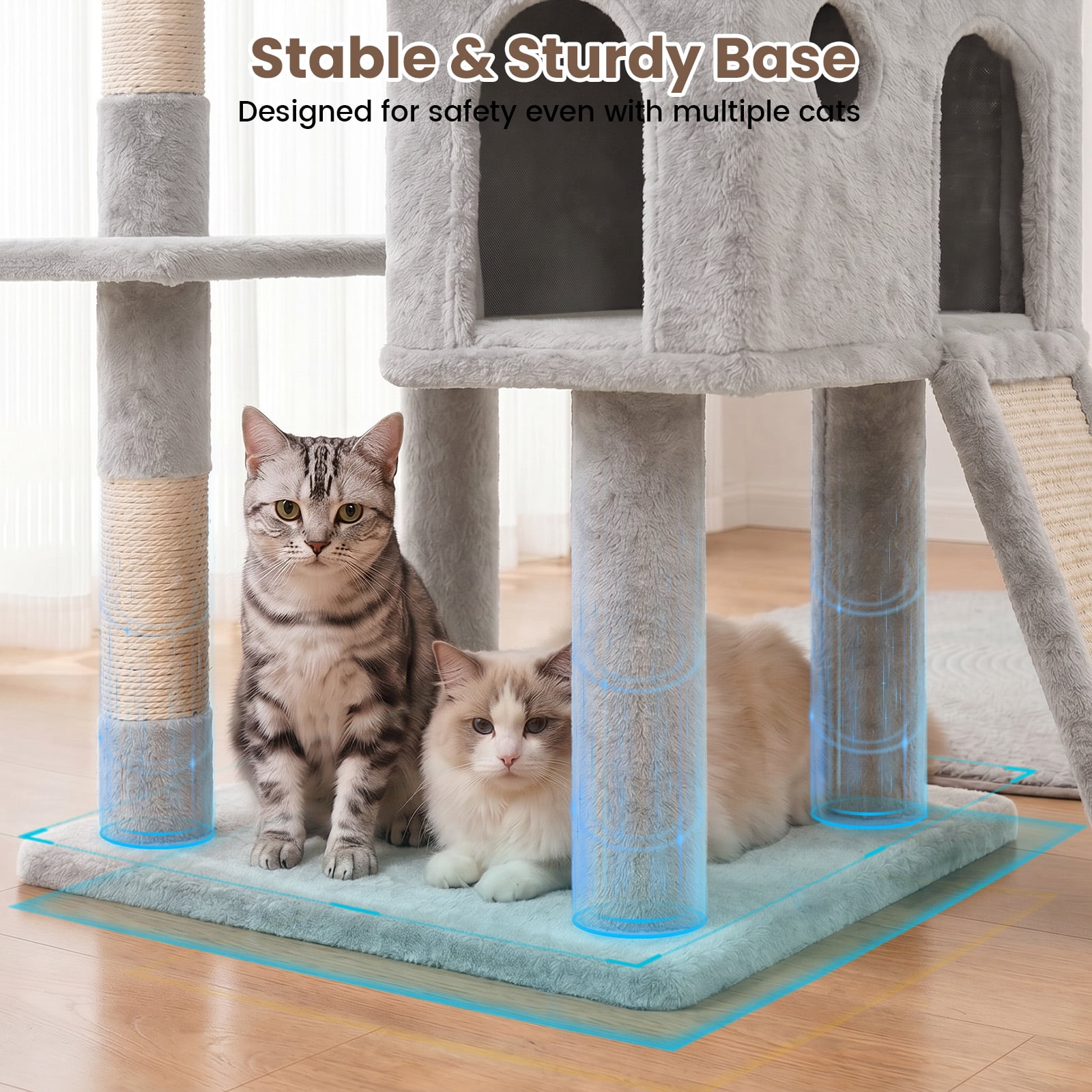 70" Cat Tree Tower, Heavy Duty Cat Tower for for Multiple Adult Cats, Multi-Level Tall Cat Tree with 2 Condos, Hammock and Scratching Post for Indoor Kitties, Light Grey
